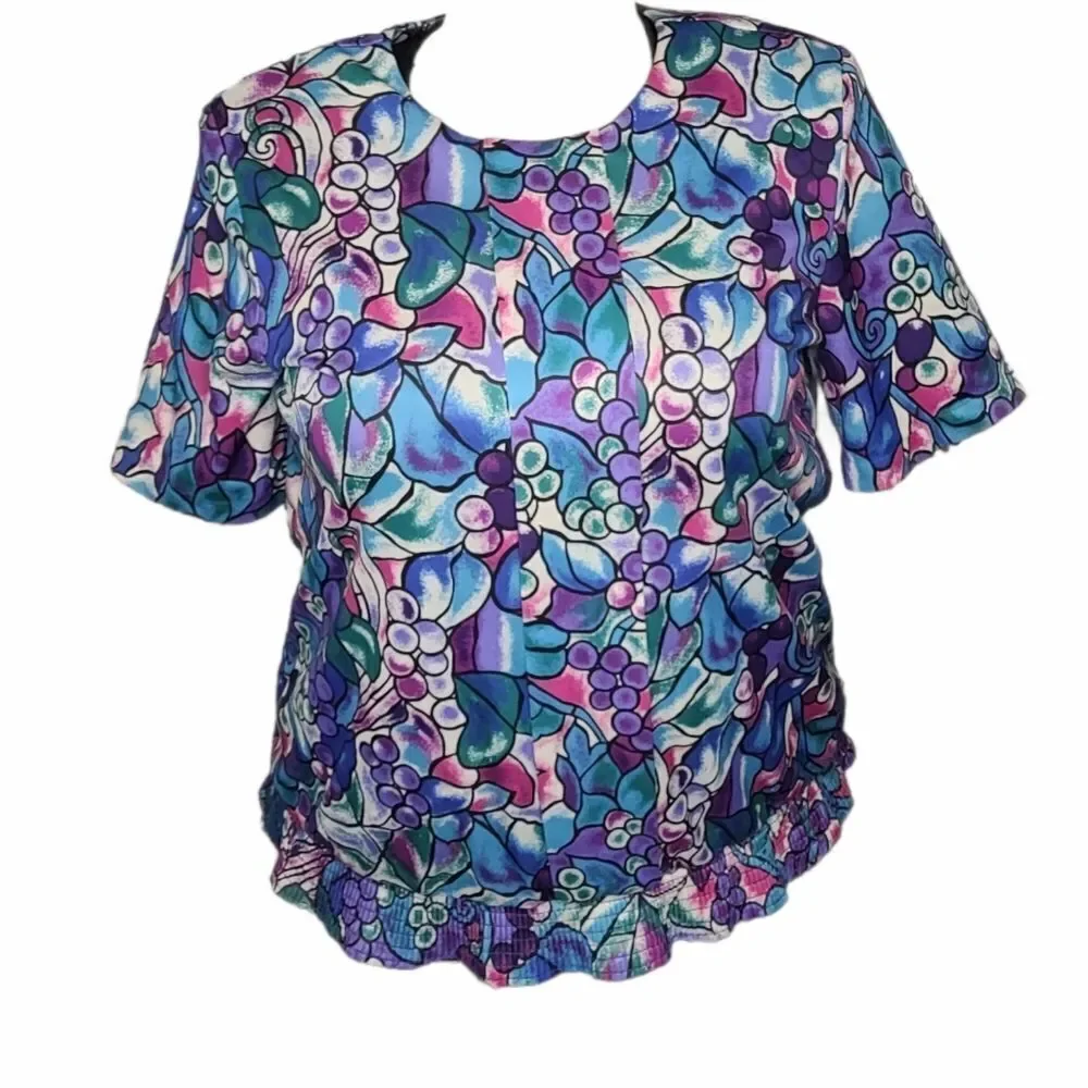 VINTAGE 80s blouse grapes‎ fruit print short sleeve blouse top XL